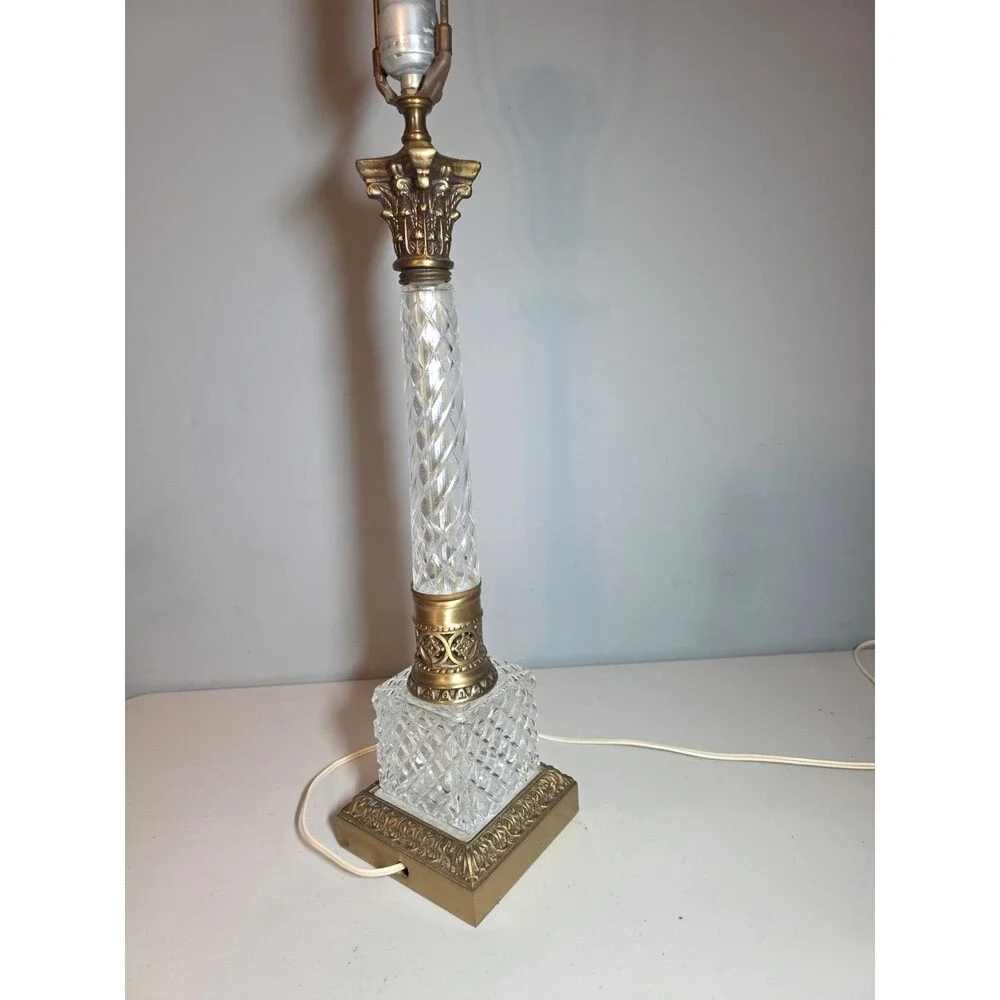 Heavy Vtg Diamond Cut Crystal Glass Table Lamp Hollywood Regency Loevsky Style
